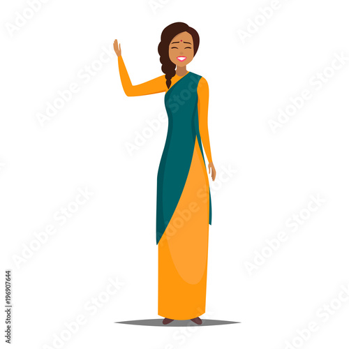 Cartoon business indian woman character with saree. Smiling girl in saree with a raised hand welcomes. Young indian business woman. Vector illustration isolated from white