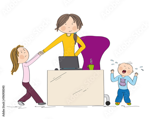 Naughty kids (sibling) fighting mother's attention. Jealous girl tugging her hand, little toddler boy crying. Mum wants to work on her laptop but they won't let her. Hand drawn illustration.