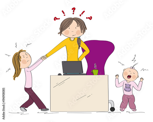 Naughty kids (sibling) fighting mother's attention. Jealous girl tugging her hand, little toddler girl crying. Mum wants to work on her laptop but they won't let her. Hand drawn illustration.