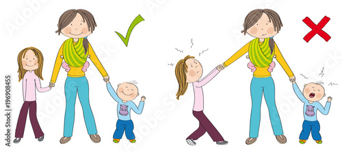 Naughty kids (sibling) vs. good kids. Good behaving children vs. children fighting mother's attention, jealous girl tugging her mother's hand, little toddler boy crying. Hand drawn illustration.