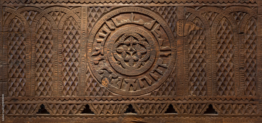 Mamluk era style wooden sculpted panel decorated with floral and geometric patterns, Cairo, Egypt