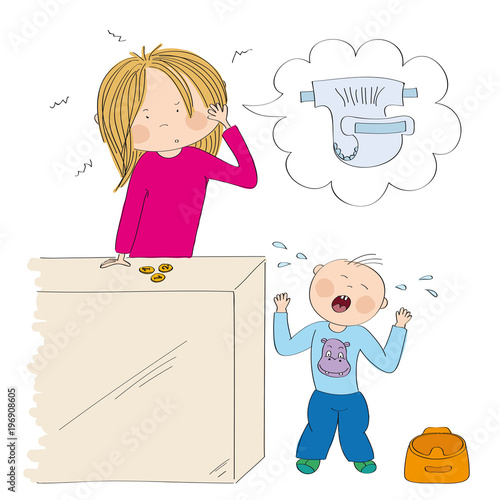 Little child / toddler (boy) does not want to use the pot. His mum, young woman, is desperate, counting money to buy new diapers. Original hand drawn illustration.
