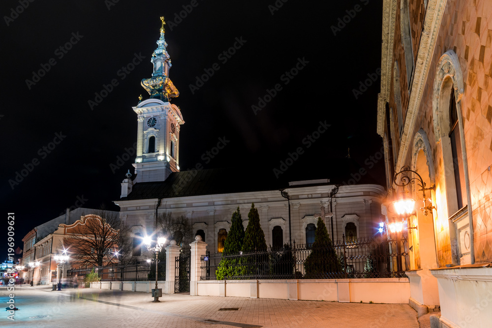 Naklejka premium Novi Sad, Serbia March 14, 2018: Serbian orthodox church (Saborna crkva) in Novi Sad, capital of Vojvodina, northern serbian province by night.