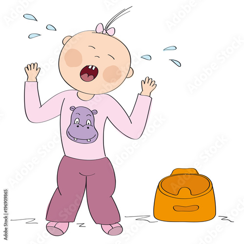 Little child / toddler does not want to use the pot. Small girl is standing, crying, having temper tantrum. Original hand drawn illustration.