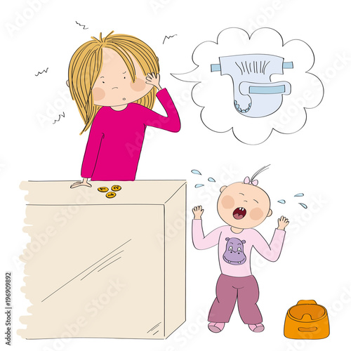 Little child / toddler (girl) does not want to use the pot. Her mum, young woman, is desperate, counting money to buy new diapers. Original hand drawn illustration.