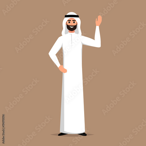 Arab man in white clothes raised his hand welcoming. vector cartoon smiling Islamic man dressed in traditional clothes. 