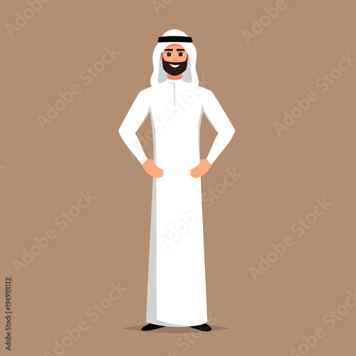 successful Arab man in white clothes stands in a welcoming position. vector cartoon smiling Islamic businessman dressed in traditional clothes. 