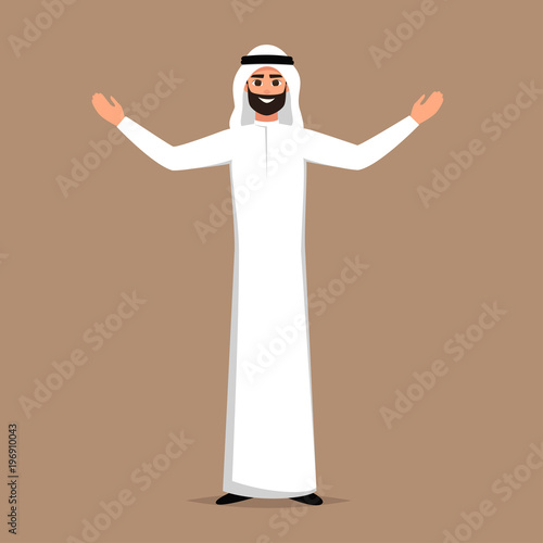 Cartoon Successful Arab man in white clothes stands with open arms. vector cartoon smiling Islamic businessman dressed in traditional clothes with arms outstretched in a welcome gesture