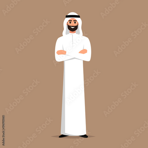 Successful Arab man in white clothes crossed arms on chest. vector cartoon smiling Islamic businessman dressed in traditional clothes. 