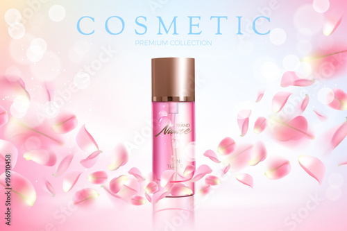 Advertising poster for cosmetic product with rose for catalog, magazine. Vector design of cosmetic package. Perfume advertising poster.Moisturizing toner, cream, gel, body lotion with rose extract .