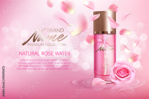 Advertising poster for cosmetic product with rose for catalog, magazine. Vector design of cosmetic package. Perfume advertising poster.Moisturizing toner, cream, gel, body lotion with rose extract .