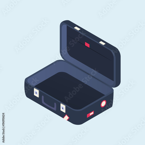 Isometric open suitcase. Travel bag with stickers. Vector illustration