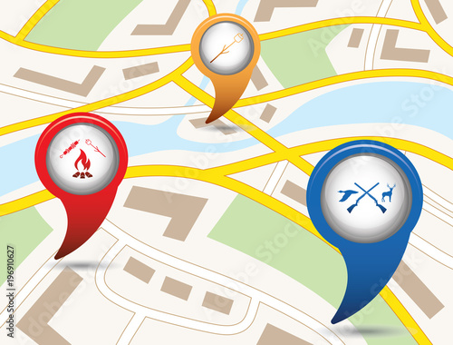 Set of tourism service map pointers on map