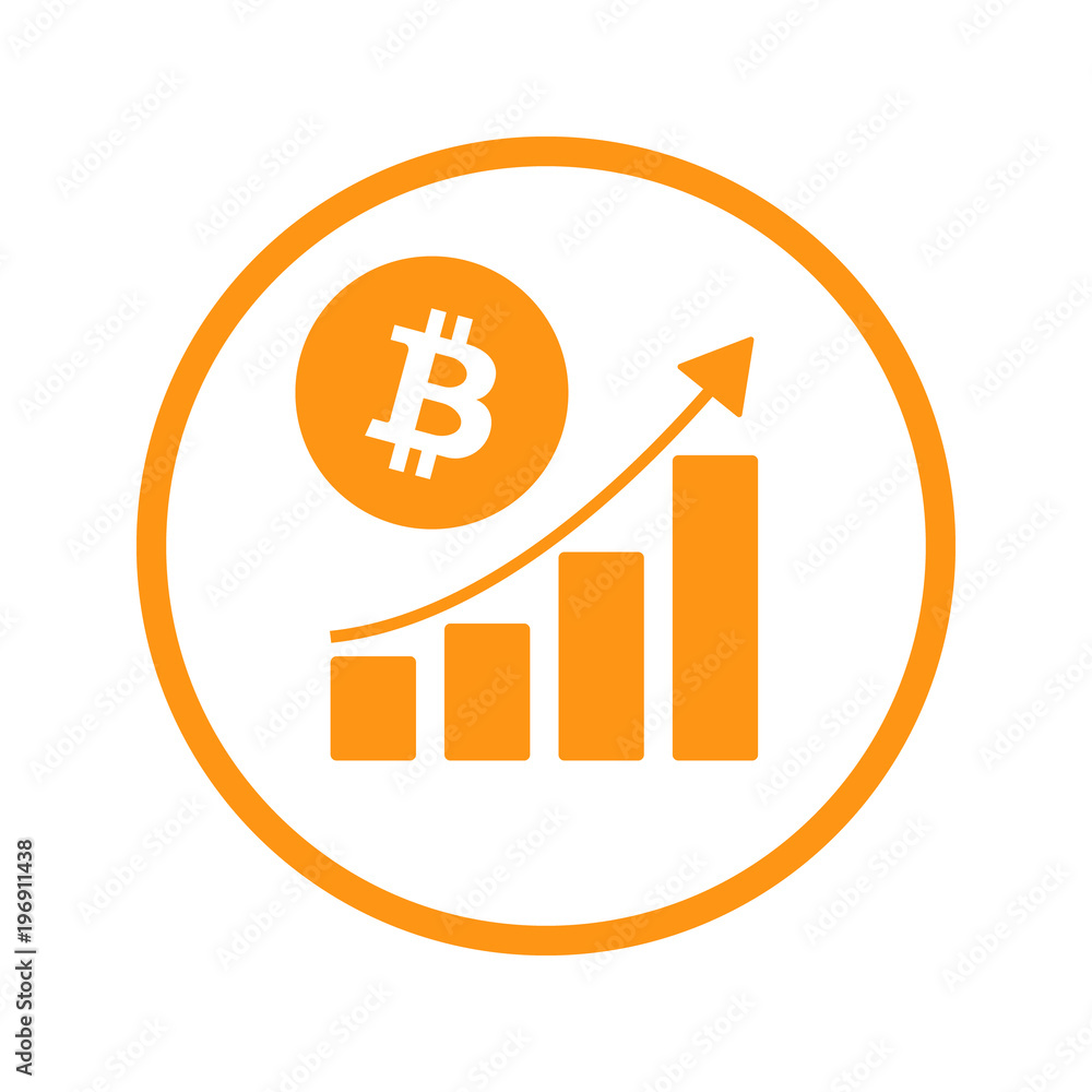 Bitcoin crypto currency chart simbol with rising arrow and bars isolated on white background. Bitcoin crypto currency chart simbol with rising arrow and bars isolated on white background.