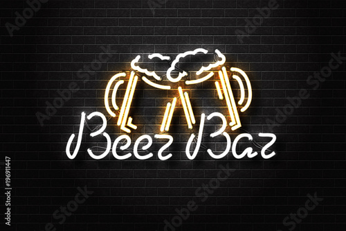 Vector realistic isolated neon sign for Beer bar lettering logo with drinking mugs for decoration on the wall background. Concept of cafe, pub or restaurant.