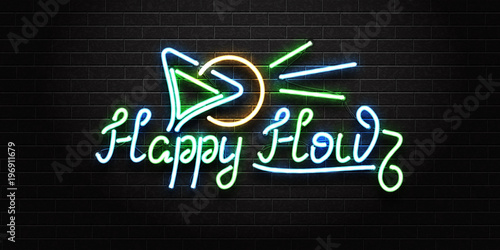 Vector realistic isolated neon sign of Happy Hour lettering logo with cocktail for decoration and covering on the wall background. Concept of night club, free drinks, bar counter and restaurant.