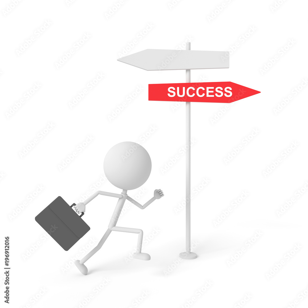 businessman running to the success guide post. 3D rendering. businessman running to the success guide post. 3D rendering.