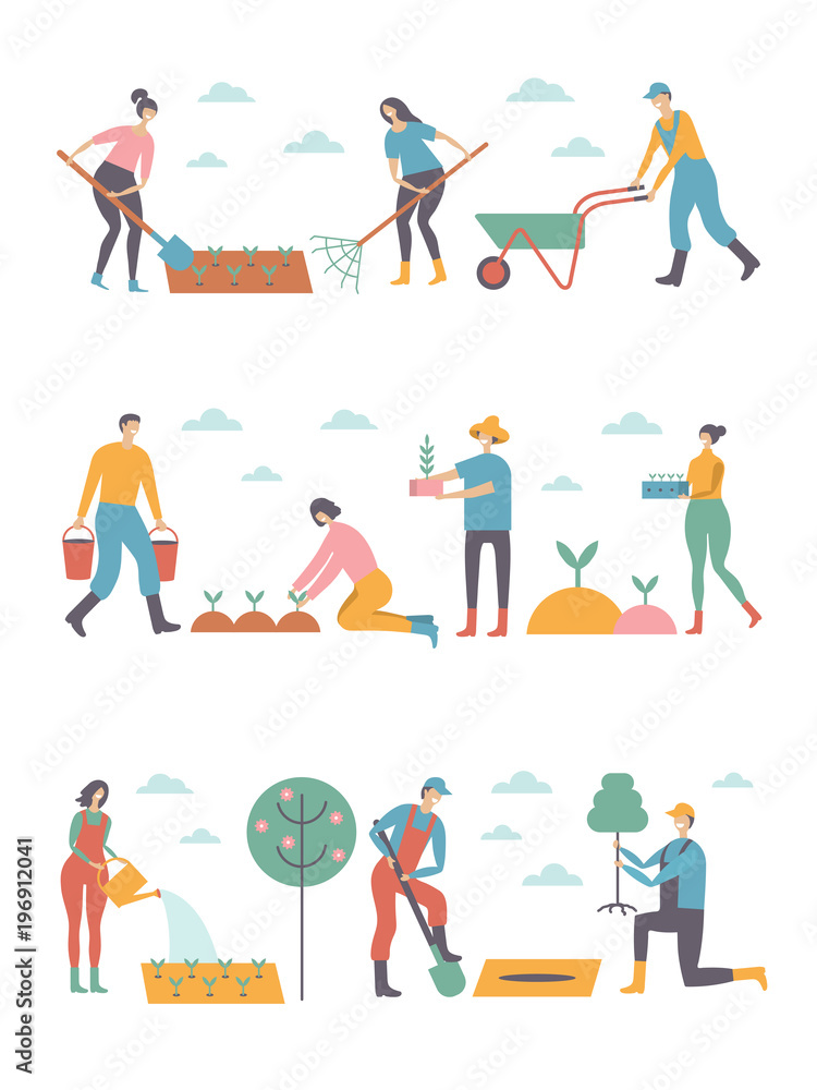 People working in garden design elements and icons in flat style.