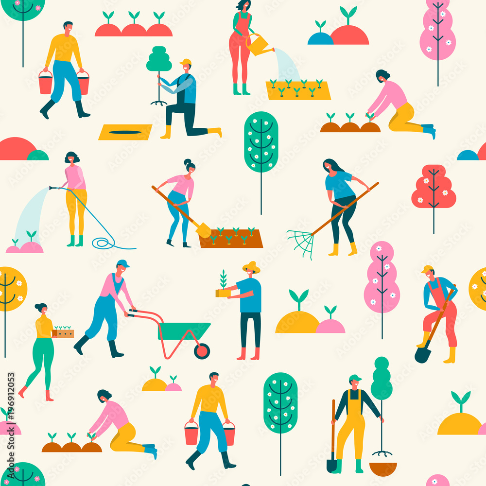 seamless background with people engaged in gardening