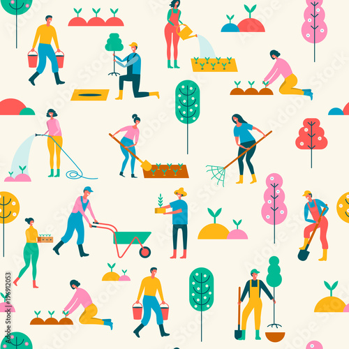 seamless background with people engaged in gardening