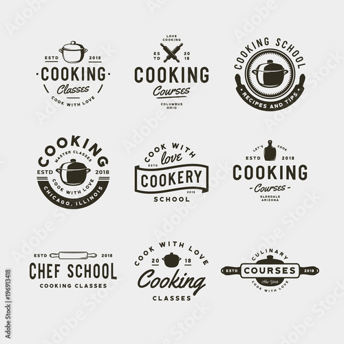 set of vintage cooking classes logos. retro styled culinary school emblems. vector illustration