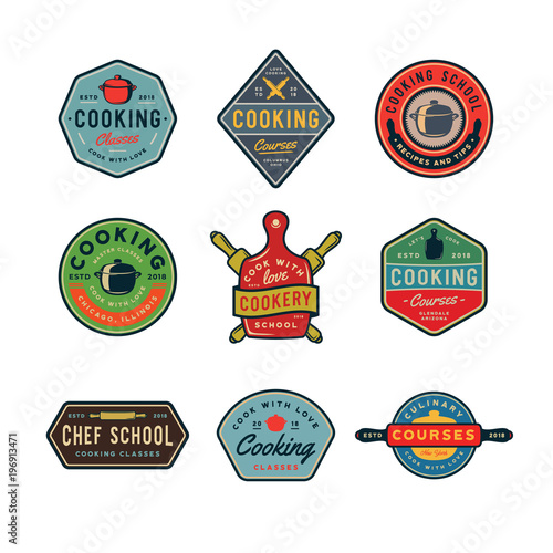 set of vintage cooking classes logos. retro styled culinary school emblems. vector illustration