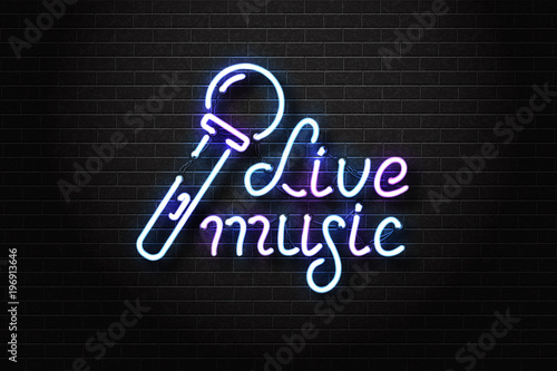 Vector realistic isolated neon sign of Live music lettering logo with microphone for decoration and covering on the wall background. Concept of night club, perfomance, party and karaoke bar.