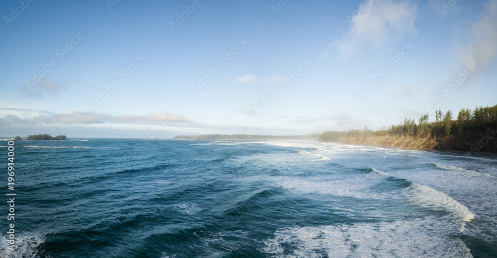 Aerial panoramic seascape view during a vibrant winter morning. Taken near Tofino and Ucluelet, Vancouver Island, British Columbia, Canada.