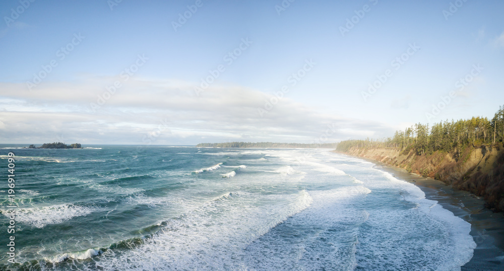Aerial panoramic seascape view during a vibrant winter morning. Taken near Tofino and Ucluelet, Vancouver Island, British Columbia, Canada. Aerial panoramic seascape view during a vibrant winter morning. Taken near Tofino and Ucluelet, Vancouver Island, British Columbia, Canada.
