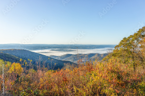 Overlook of West Virginia mountains in autumn fall with foliage and mist fog clouds covering valley in morning sunrise sunlight