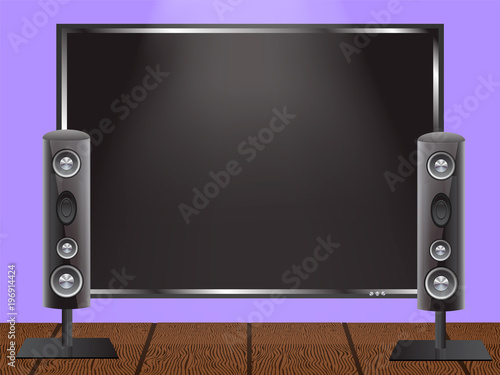 Vector illustration of a concept of home theater. Plasma TV on the wall and audio speakers on the wooden floor.