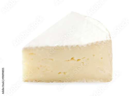 Piece of Brie cheese isolated on white background close up. 