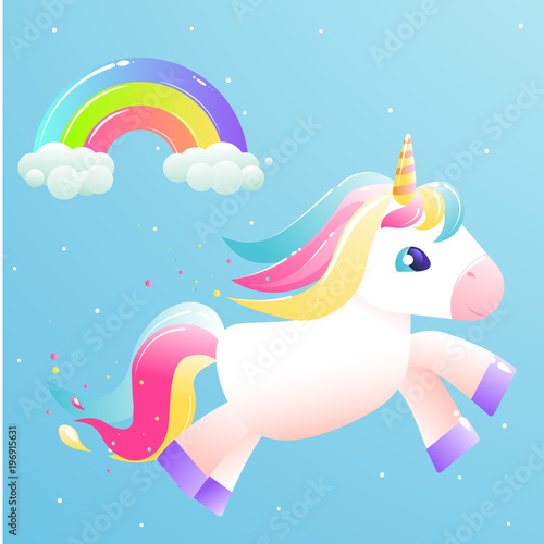 The unicorn flies across the sky with a rainbow, clouds, stars