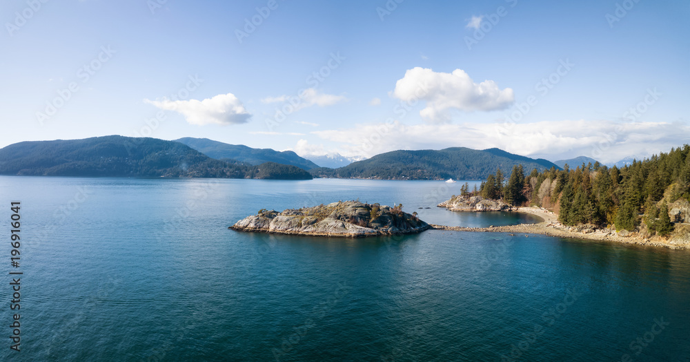 Aerial panoramic view of Whytecliff Park during a vibrant sunny day. Taken in Horseshoe Bay, West Vancouver, British Columbia, Canada.