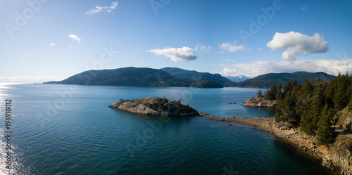 Aerial panoramic view of Whytecliff Park during a vibrant sunny day. Taken in Horseshoe Bay, West Vancouver, British Columbia, Canada.