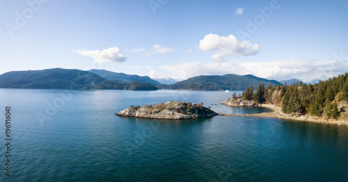 Aerial panoramic view of Whytecliff Park during a vibrant sunny day. Taken in Horseshoe Bay, West Vancouver, British Columbia, Canada.