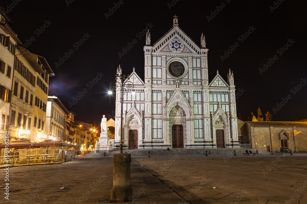 View of the Basilica di Santa Croce by night in Florence. There is the tomb of Gallileo in the church.