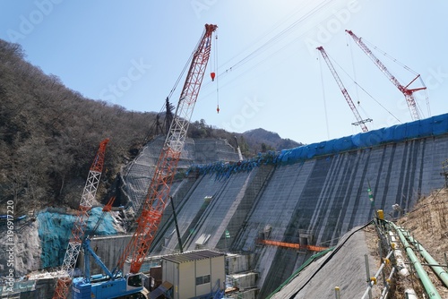 Gunma,Japan-March 17, 2018: Yanba Dam is a concrete gravity dam, which is under construction in Naganohara, Agatsuma District, Gunma Prefecture, Japan. Its height is 116m and its width is 291m.