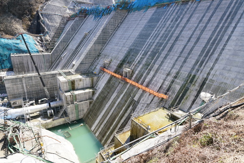 Gunma,Japan-March 17, 2018: Yanba Dam is a concrete gravity dam, which is under construction in Naganohara, Agatsuma District, Gunma Prefecture, Japan. Its height is 116m and its width is 291m. photo