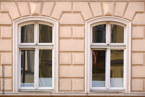 Ornaments and windows on a historic house from 1886 in Greifswald, Germany