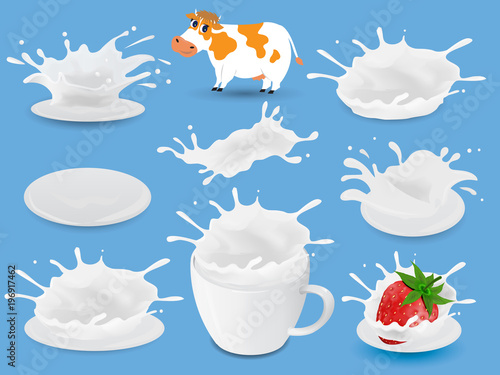 Milk.Natural dairy products. 3d vector object set.Set of splashing and pouring milk.