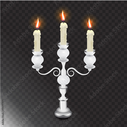 Realistic vector white candle with fire on candlestick on transparent background.Vector illustration.