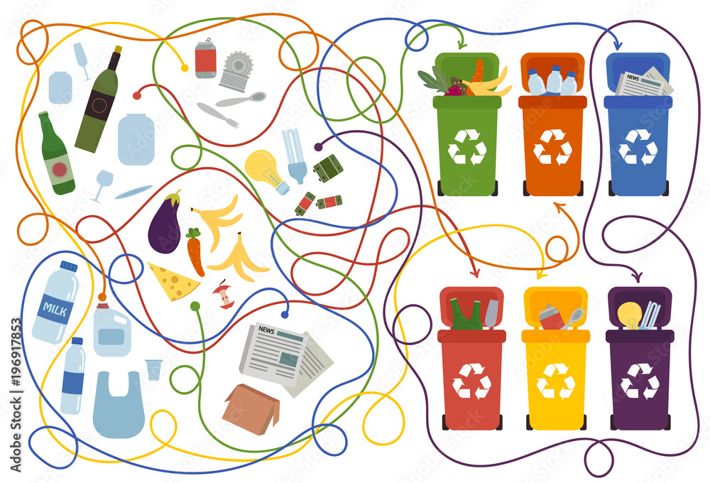 Recycling maze for kids and adults with a solution. Labyrinth game to find way of waste to 