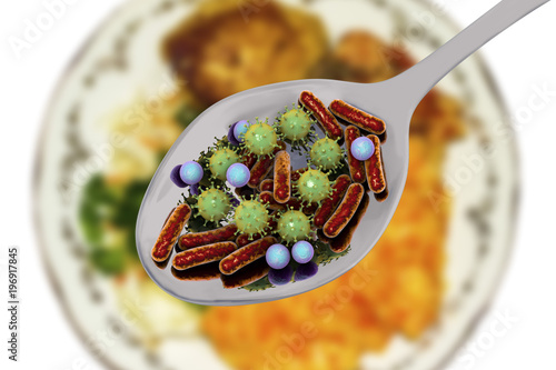Fotografi Food infection, medical concept, 3D illustration showing spoon with microbes