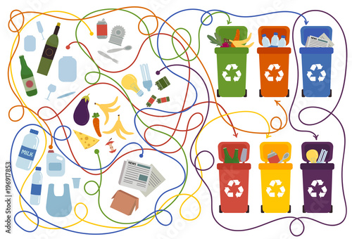 Recycling maze for kids and adults with a solution. Labyrinth game to find way of waste to proper container. Eco and environment friendly education. Connect recycle can and garbage puzzle. Vector flat