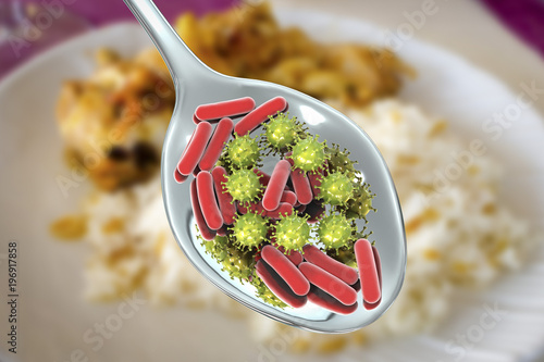 Food infection, medical concept, 3D illustration showing spoon with microbes