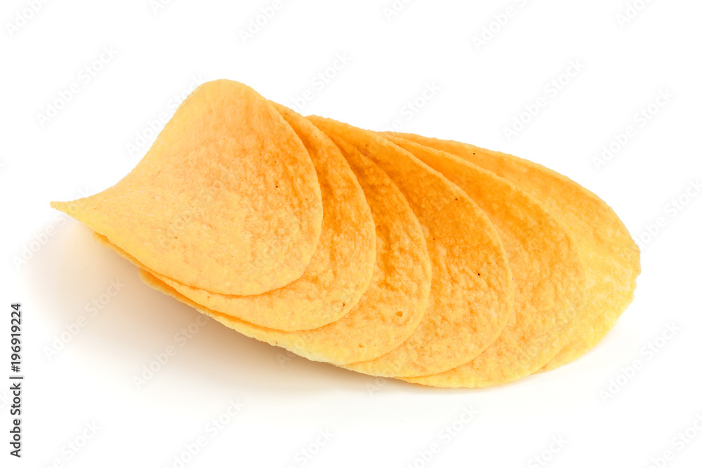 heap of potato chips on white background close-up heap of potato chips on white background close-up