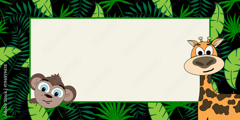 Fototapeta premium banner with tropical plants, monkey and giraffe in a trend. Design text box frames.