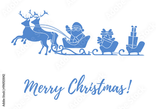 Santa Claus with Christmas presents in sleighs with reindeers. New Year and Christmas illustration.