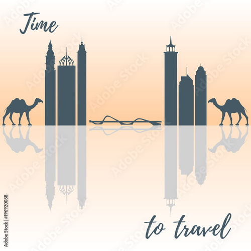 Famous skyscrapers of the world, bridge and camels